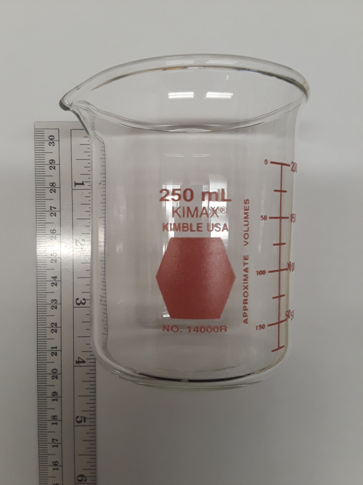 Beaker Glass 250 mL Graduated 1pc KIMAX Low Form Griffin 14000-250 RED w/ spout