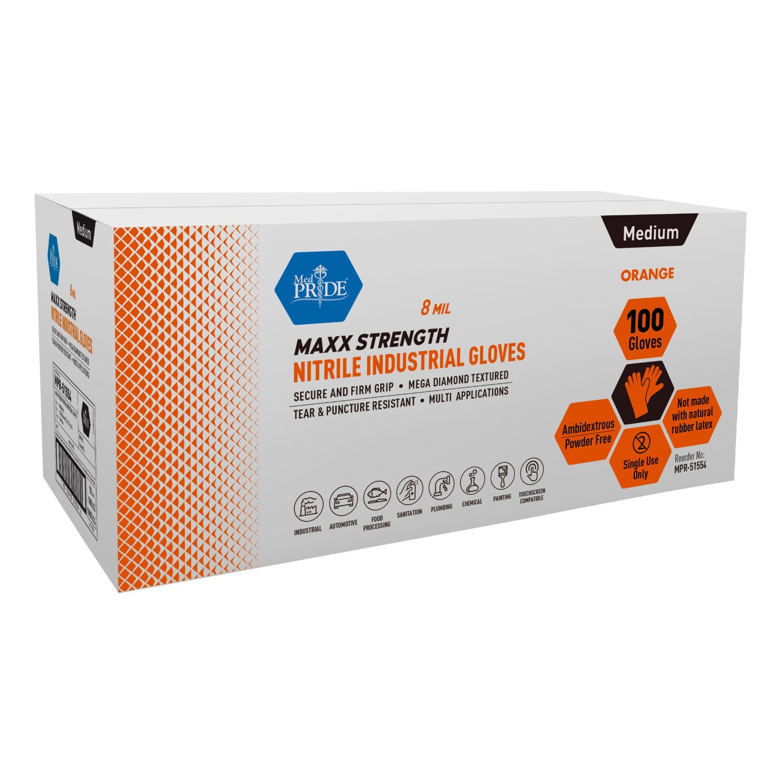 MED PRIDE 1000 Ct Maxx Strength 8 Mil Nitrile Gloves Heavy Duty Orange Diamond