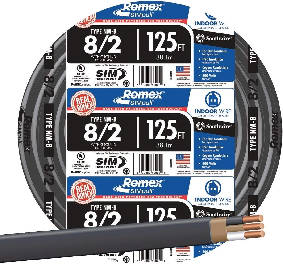 Southwire 125 ft. 8/2 Stranded Romex SIMpull CU NM-B W/G Wire – Black #28893602