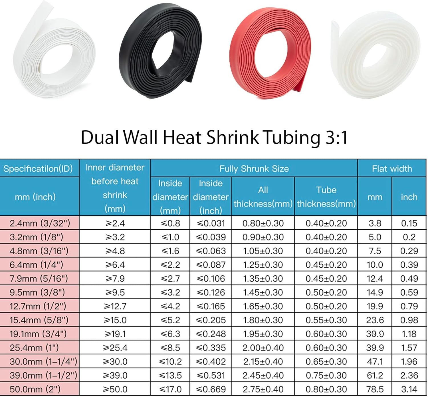 1/4 Inch Heat Shrink Tubing 3 1 Ratio Dual Wall 6.4mm (1/4″) White, 80 pcs