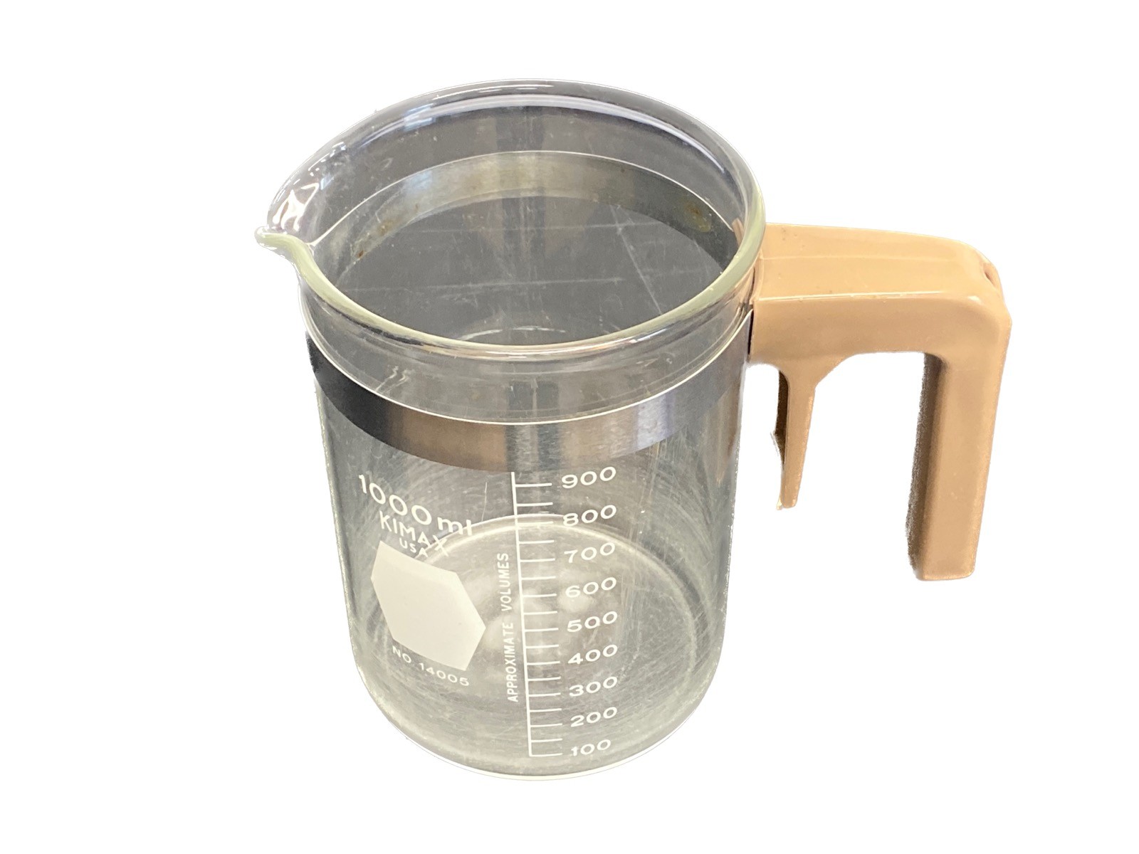 Used KIMAX Glass 1000mL Graduated Low Form HD Griffin Beaker w/ Handle 14005