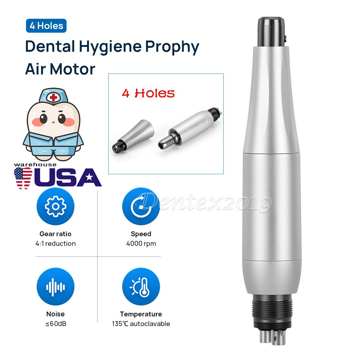 360° Swivel Dental Hygiene Prophy Handpiece Air Motor 4 Holes W/ 4:1 Nose Cone