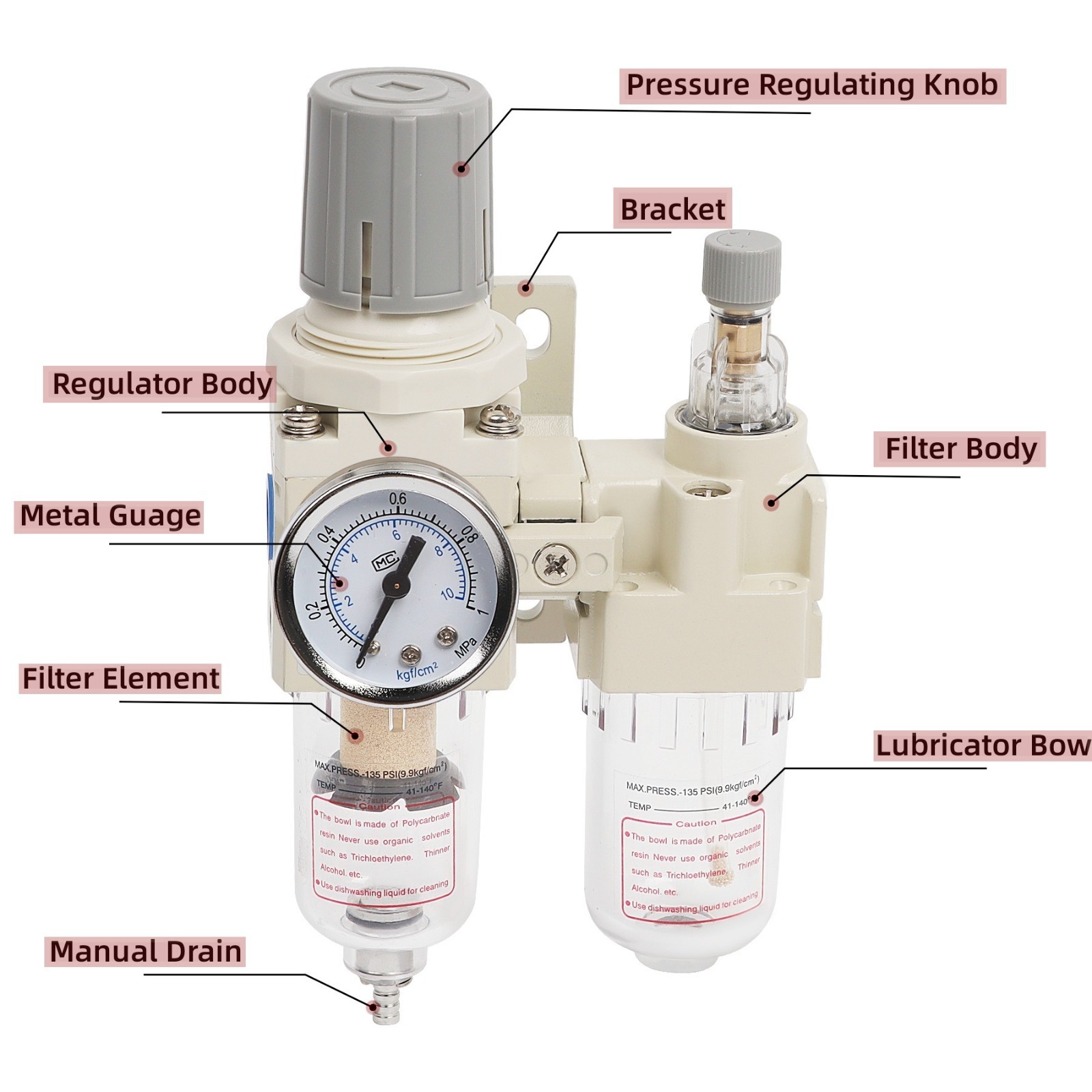 1/4″ NPT Compressed Air Filter Regulator Lubricator Water/Oil Trap Separator