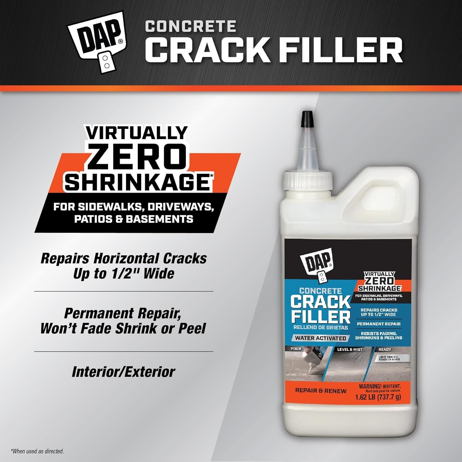 Concrete Crack Filler, Gray 16oz Dry 7079860500 DAP 7079860500 Resists Shrinkage