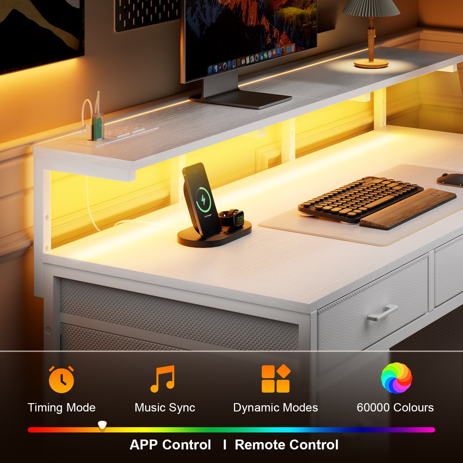Computer Desk with Drawers & Power Outlet, Gaming Desk with Monitor Stand, White