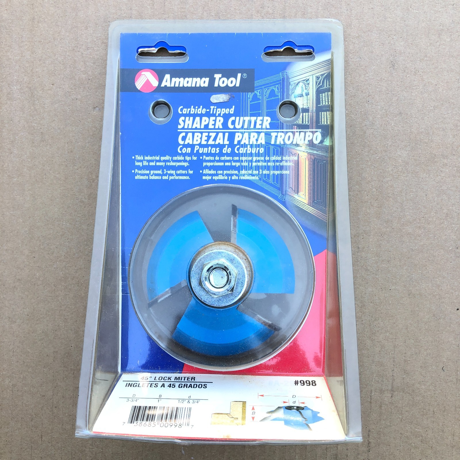 Amana Tool #998 Carbide Tripped Lock Miter 3-Wing Shaper Cutter 45 Degree 3-3/4″