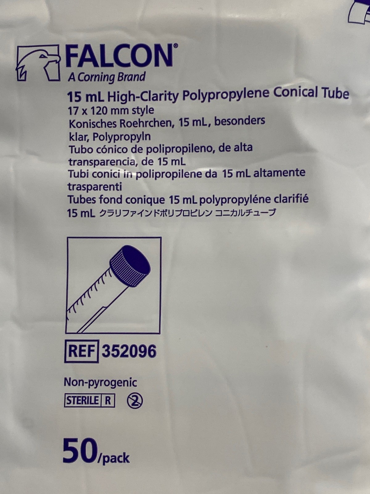 (350) FALCON 15mL High Clarity PP Conical Centrifuge Tubes w/Cap 17x120mm 352096