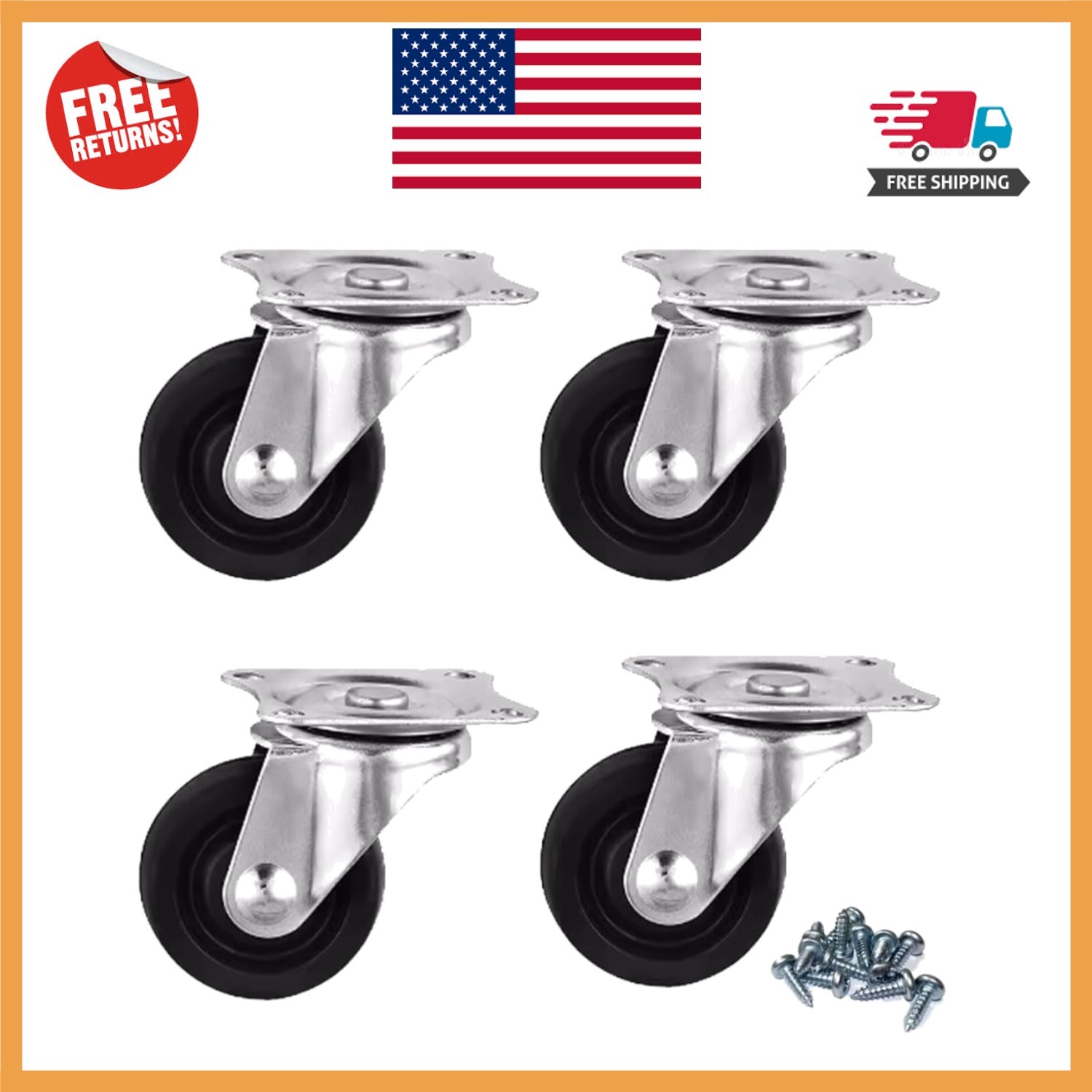4 Pack Quiet 1″ Rubber Wheels with Plate Mount – Perfect for Trolleys & Carts