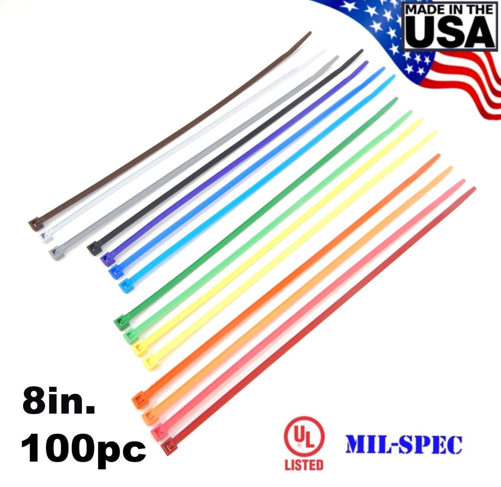 Color Zip Cable Ties 8″ 40lbs 100pc Made in USA Nylon Wire Tie Wraps