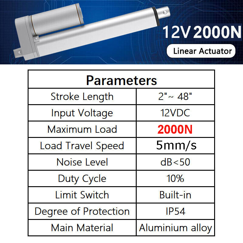 12V 2000N 900N 250N Linear Actuator 6inch Stroke 2inch to 48inch Fast Speed