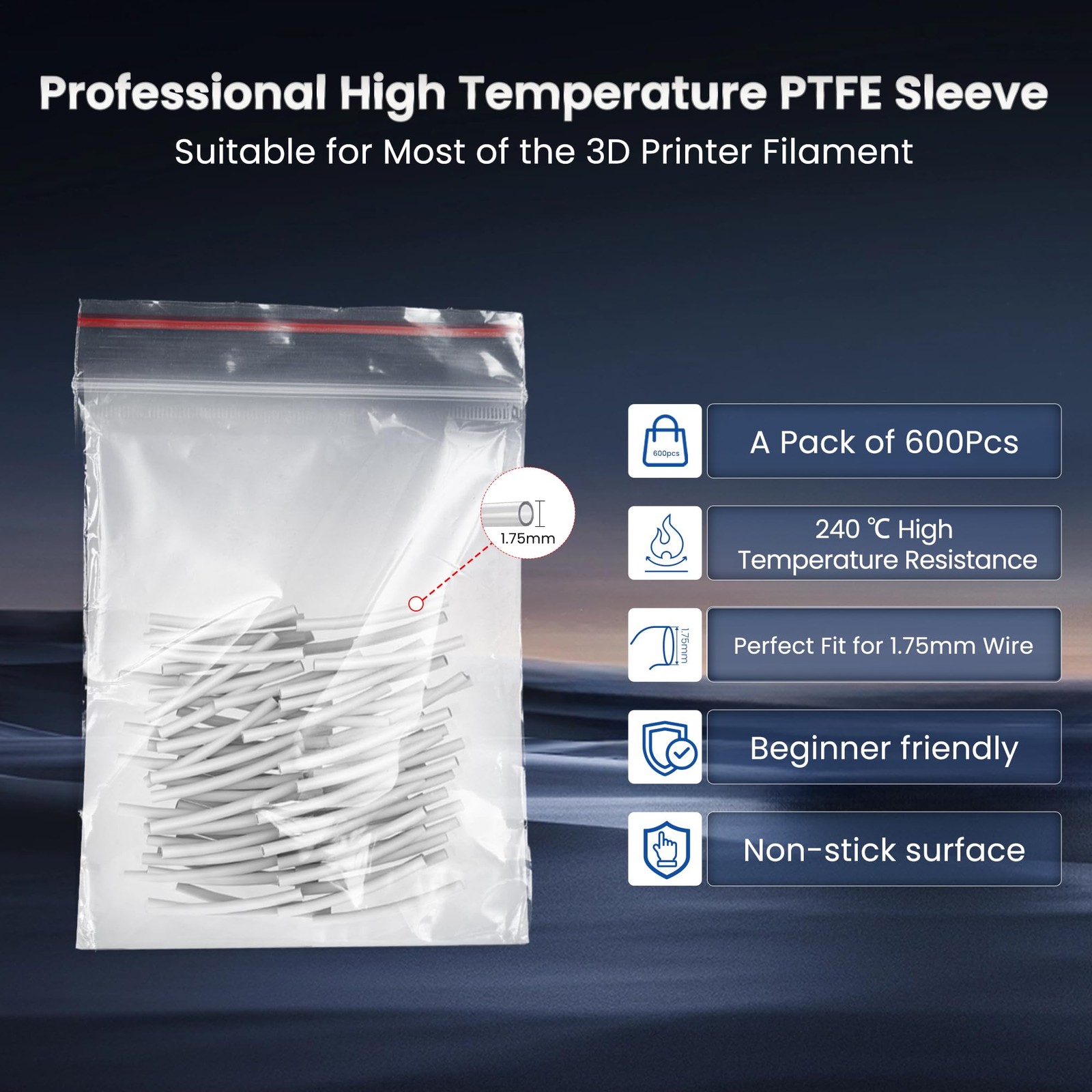 KUNPHY PTFE 600Pcs Suitable for SUNLU Filament Connector, PTFE-600PCS, White