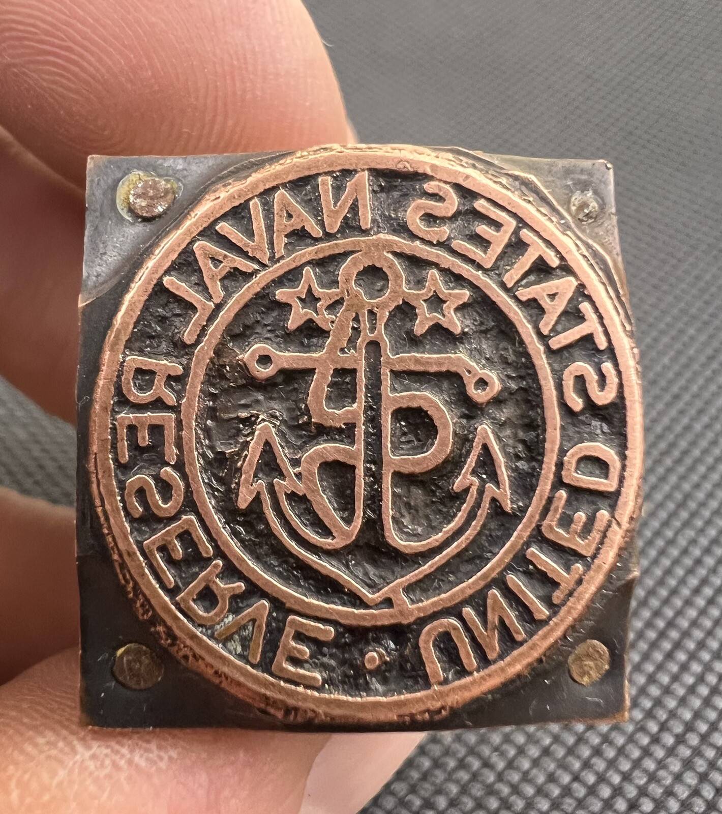 Vintage Letterpress Printing Block United States Naval Reserve Copper On Wood 1”