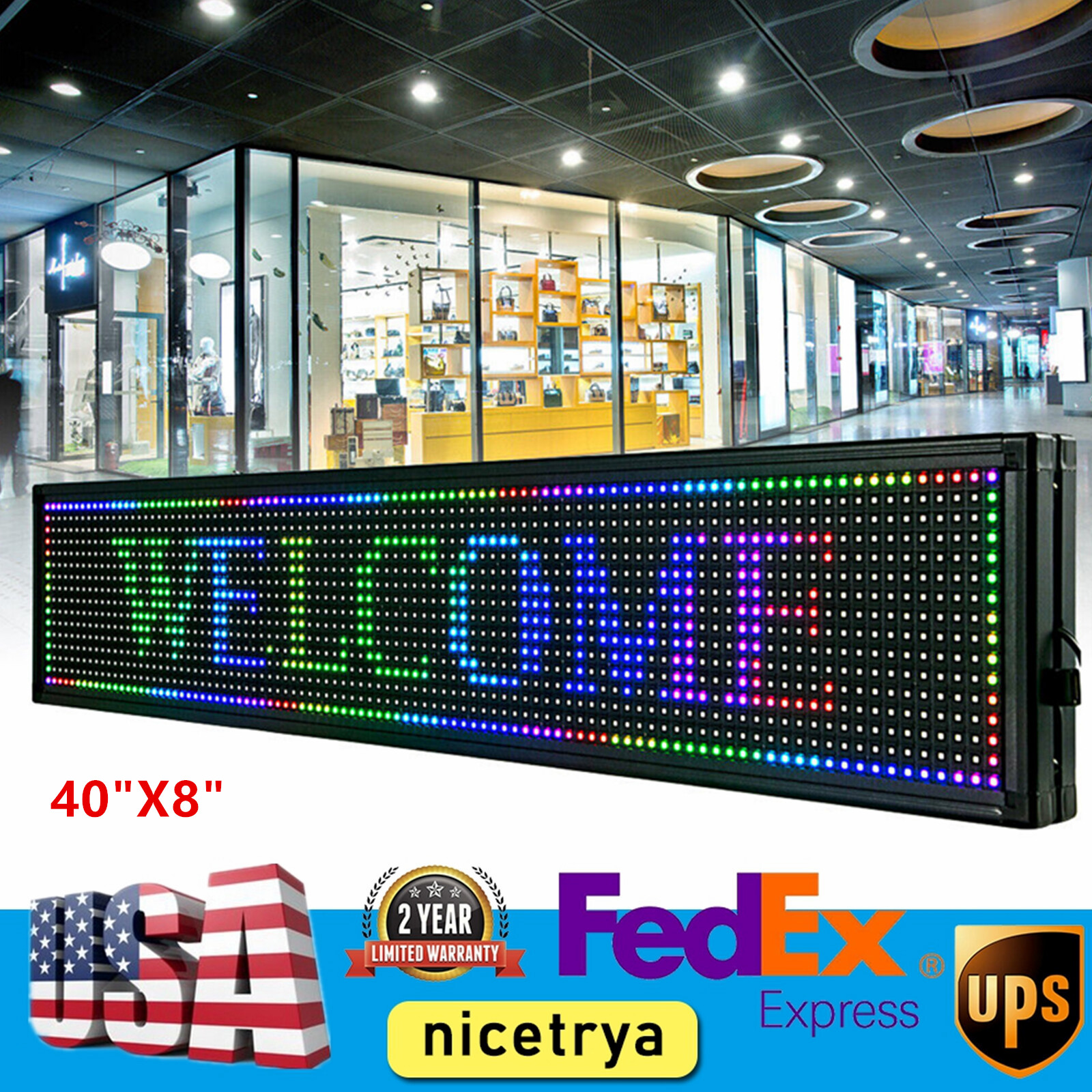 40″X8″ LED Scrolling Sign Programble Digital Advertising 7-Color Display Board
