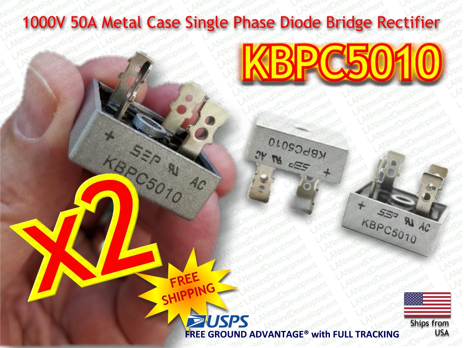 2Pcs 1000V 50A Metal Case Single Phase Diode Bridge Rectifier – FREE SHIPPING