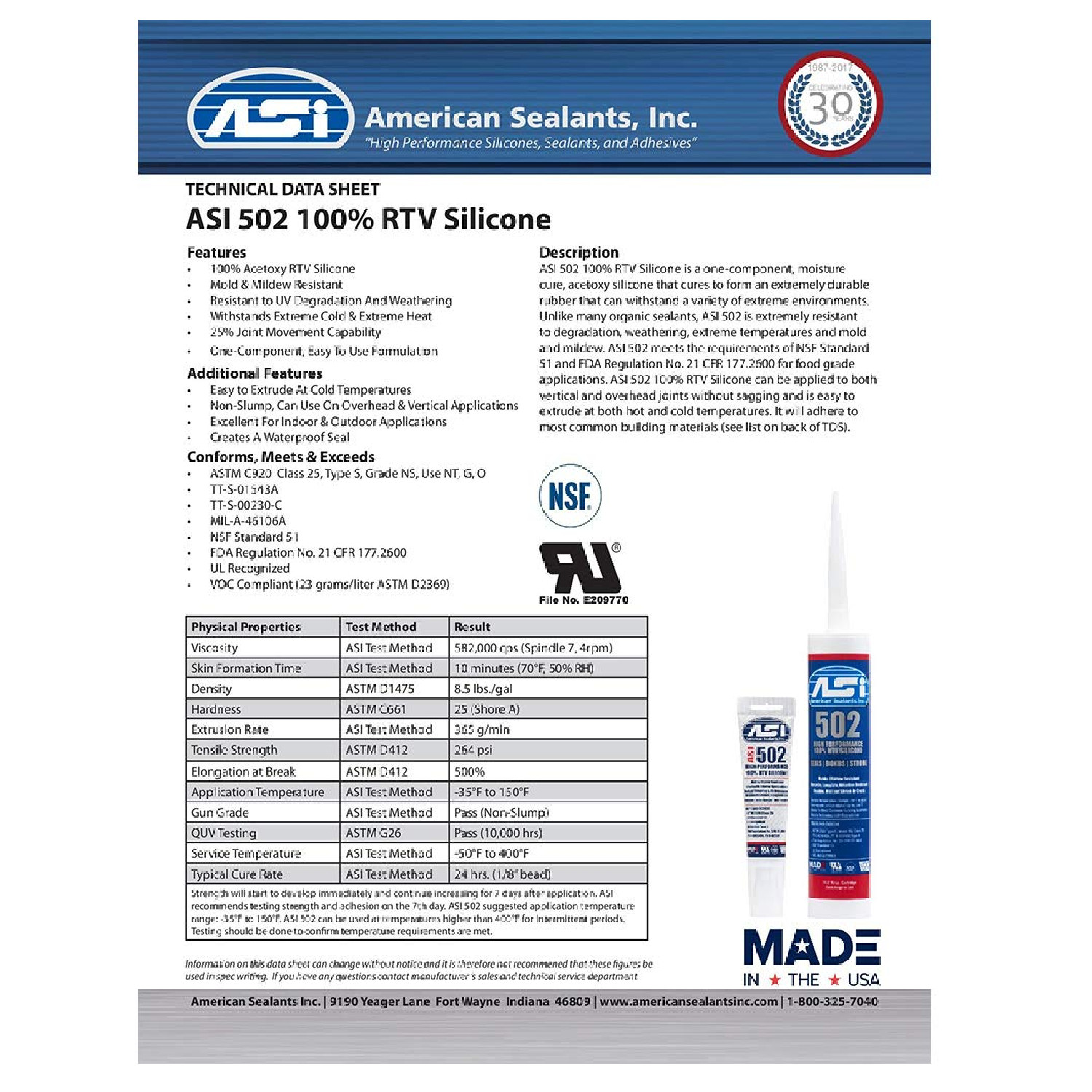 ASI 502 Clear Food Grade 100% RTV Silicone Sealant – 2.8 Oz Squeeze Tube