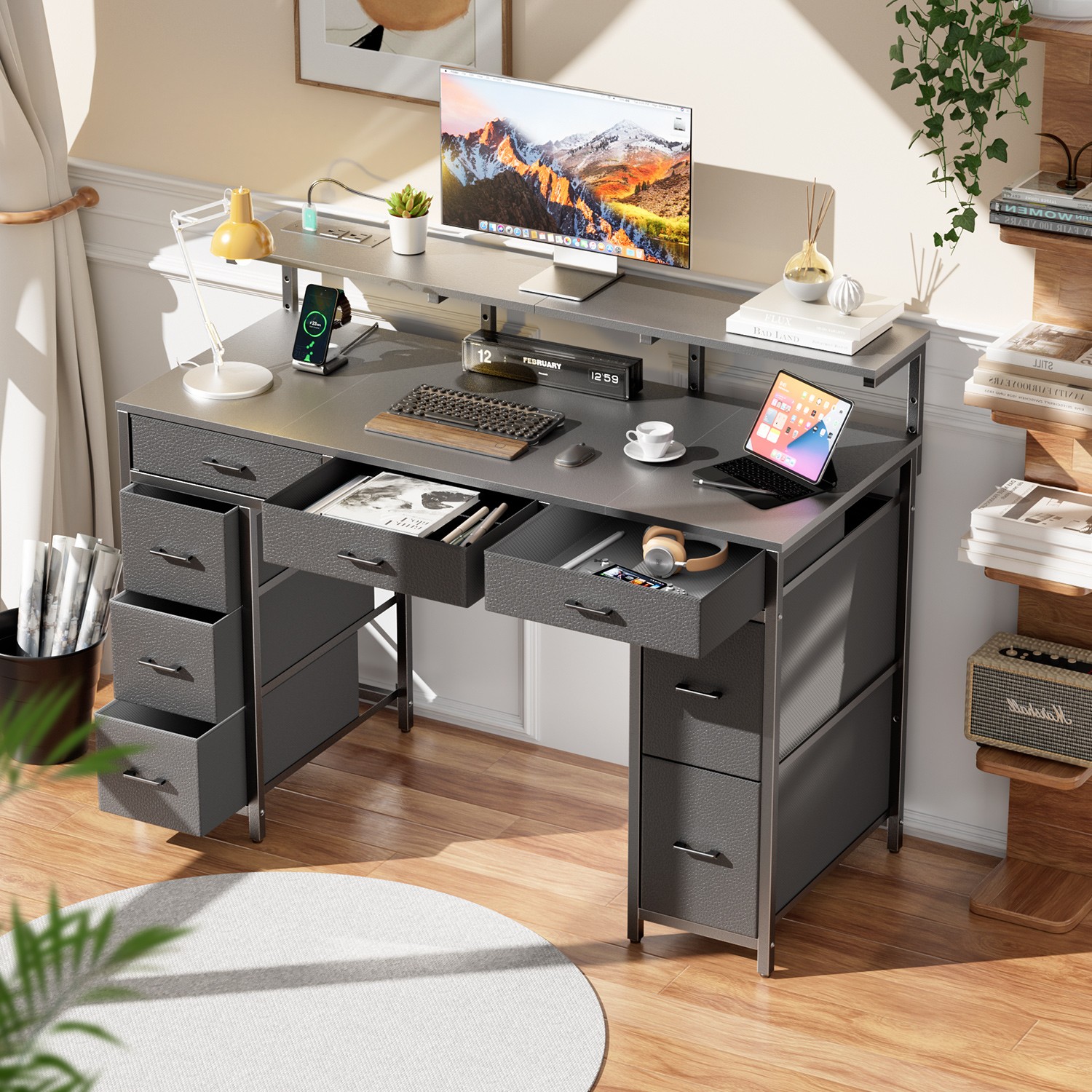 47 inch Computer Desk with 8 Drawers & Power Outlets, Gaming Desk with LED Light
