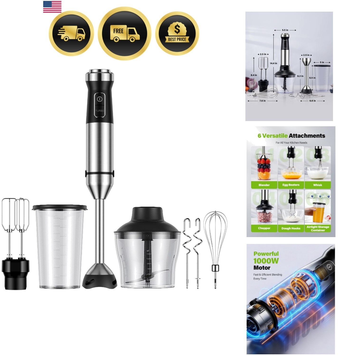 Scratch-Resistant 1000W Immersion Blender – 6 Attachments for All Cooking Needs