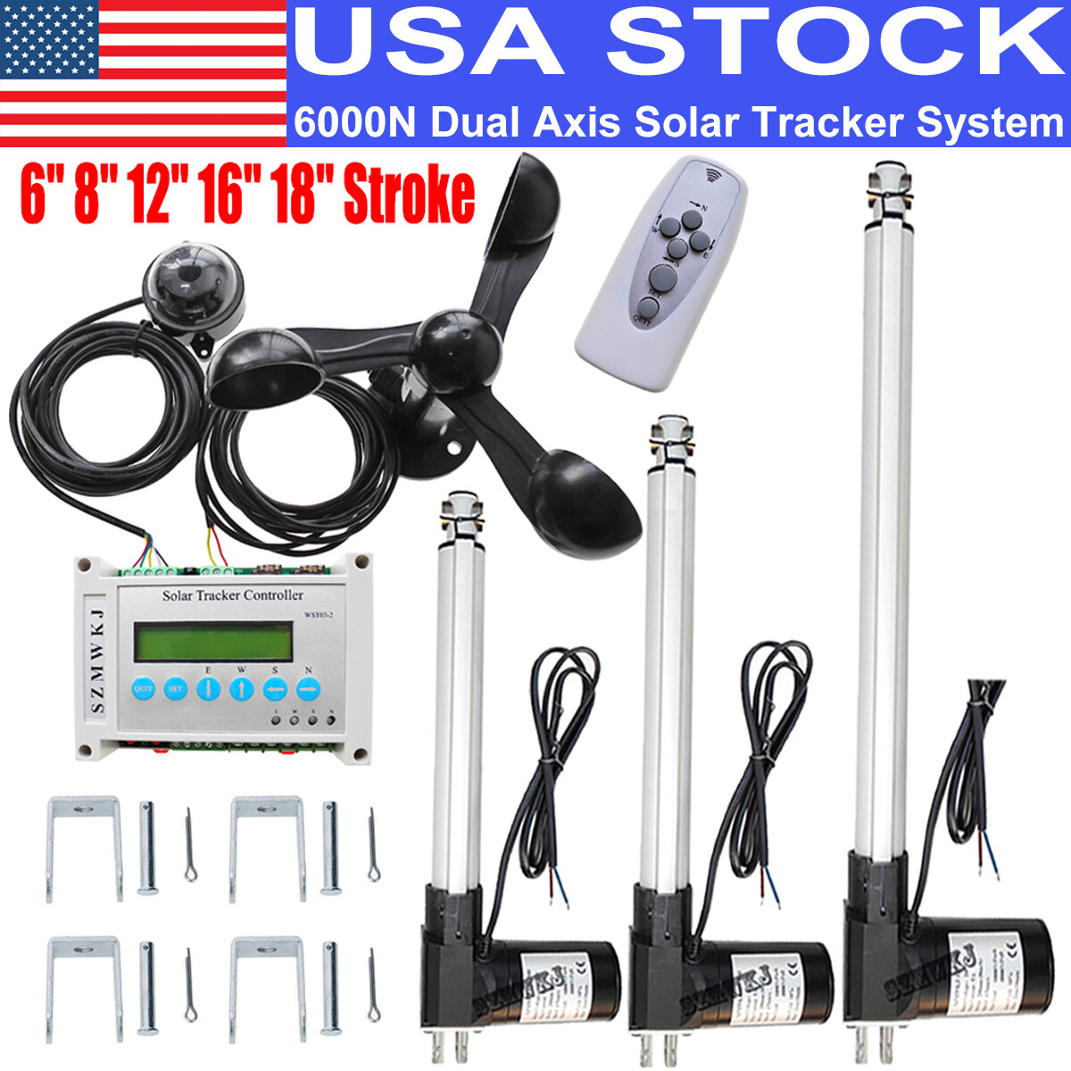 Dual Axis Solar Panel Tracker Controller W/6000N Linear Actuator Anemometer Kit