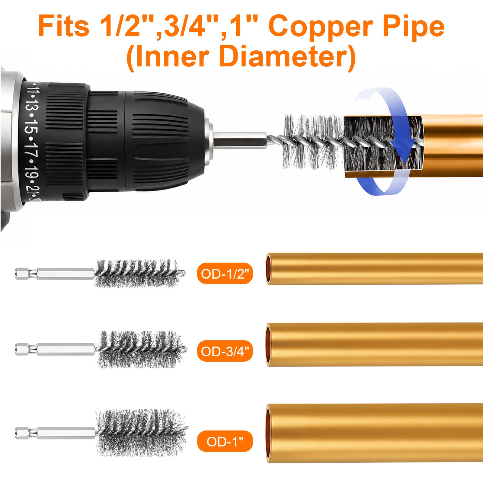 1/2″ 3/4″ 1″ Copper Tube Cleaning Brush Set for Drill Plumbing Pipe Cleaner Tool