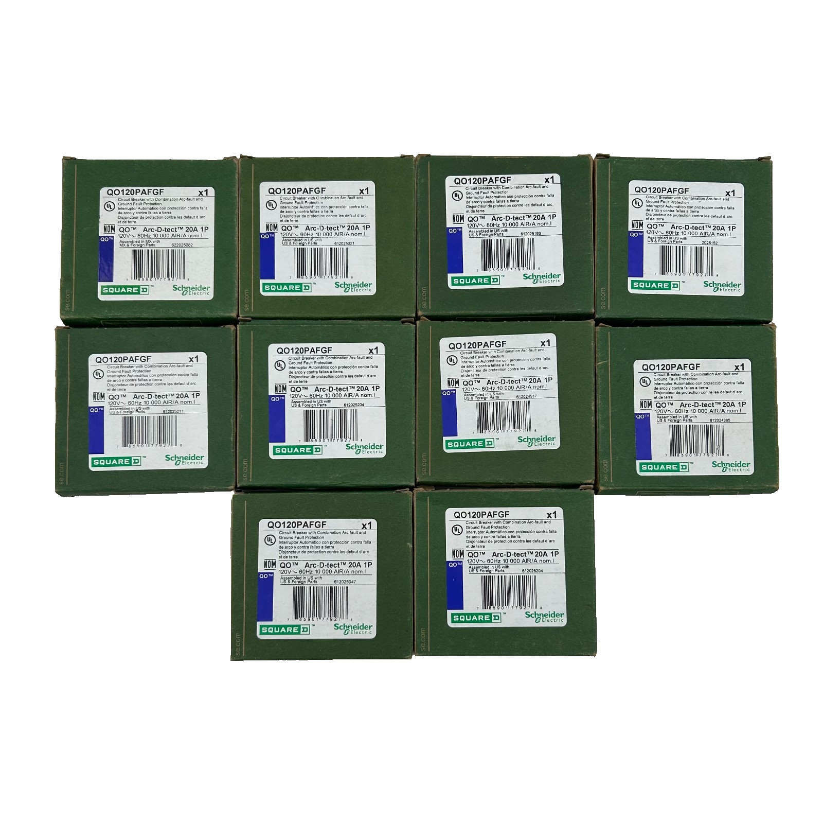 New Square D QO120PAFGF Circuit Breaker AF/GF 20A 1-Pole 120V – Lot of 10
