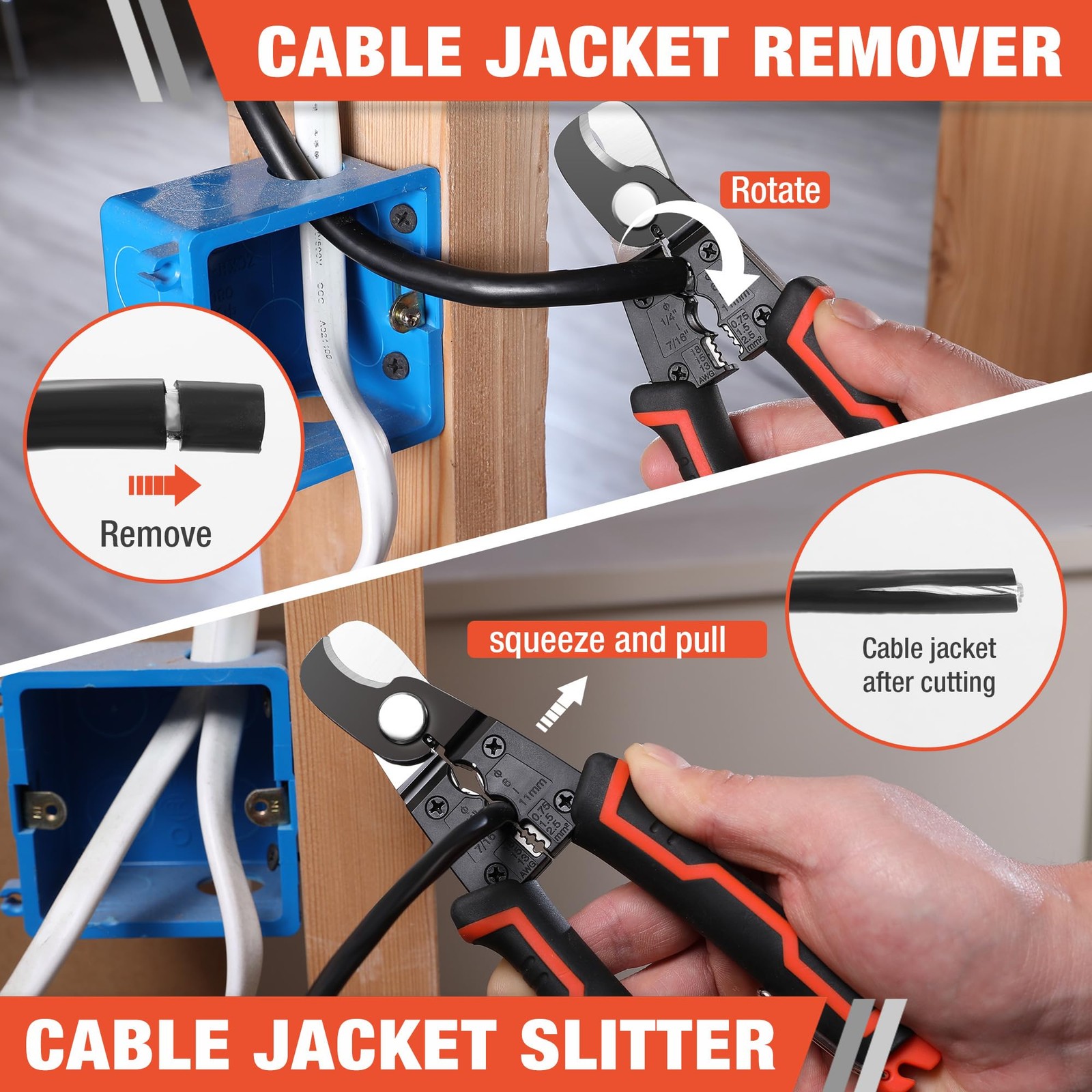 ValueMax 7 Inch Wire Stripper, Cable Cutters, Jacket Removal Orange; Black