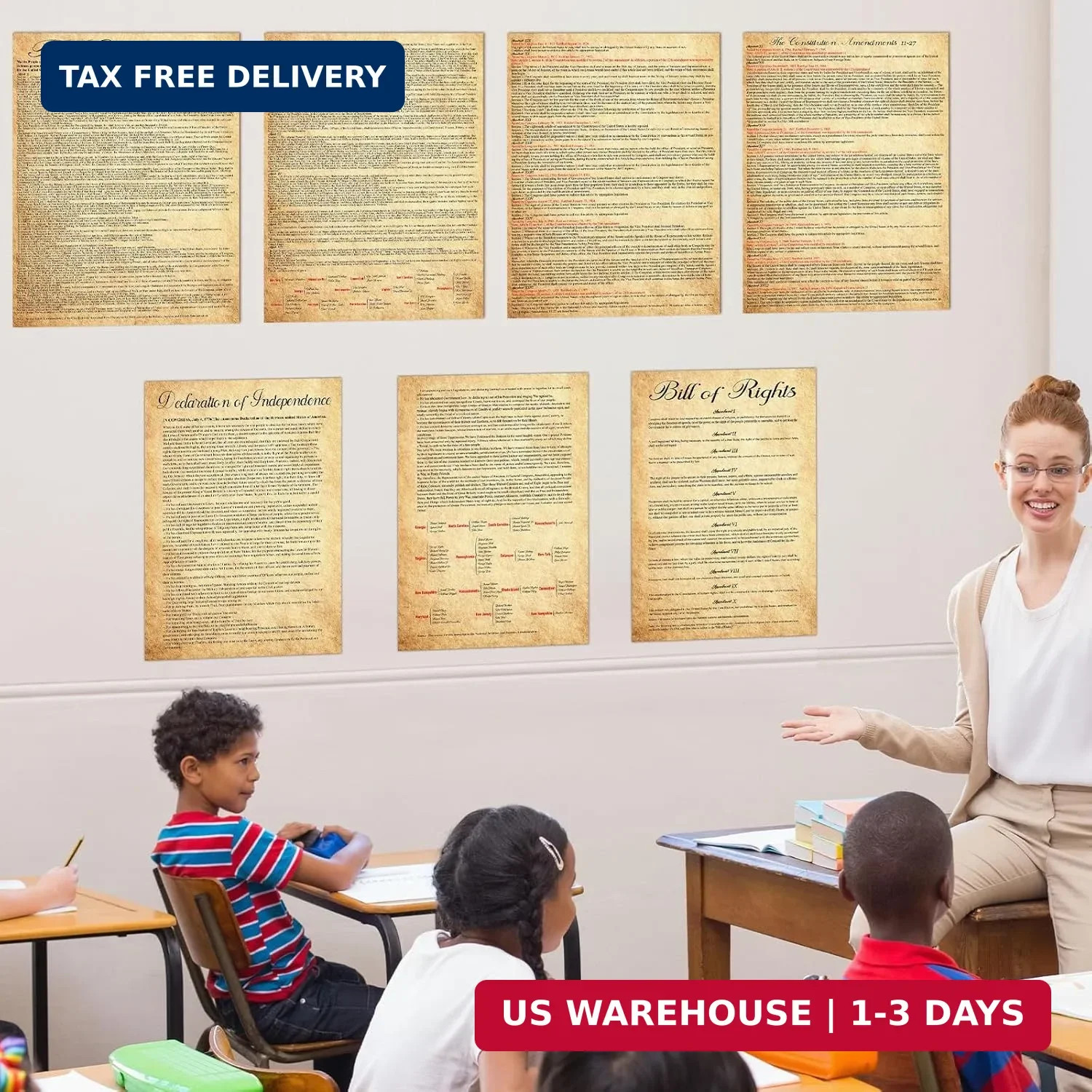 7Pcs American Founding Documents Poster US Constitution with All Amendments, Dec