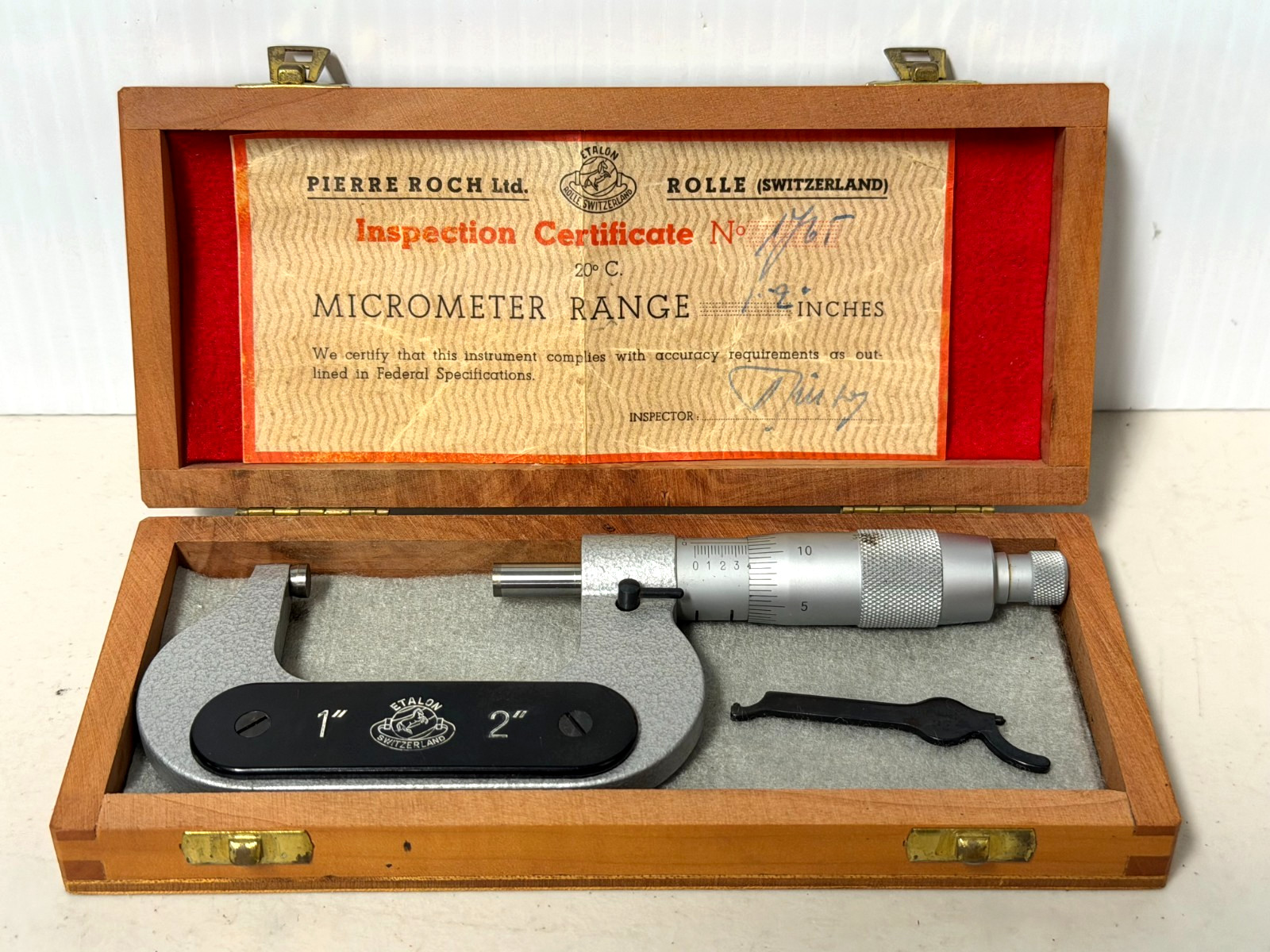 Vintage Pierre Roch Etalon Rolle Switzerland 1″-2″ Micrometer w Wood Case & Cert