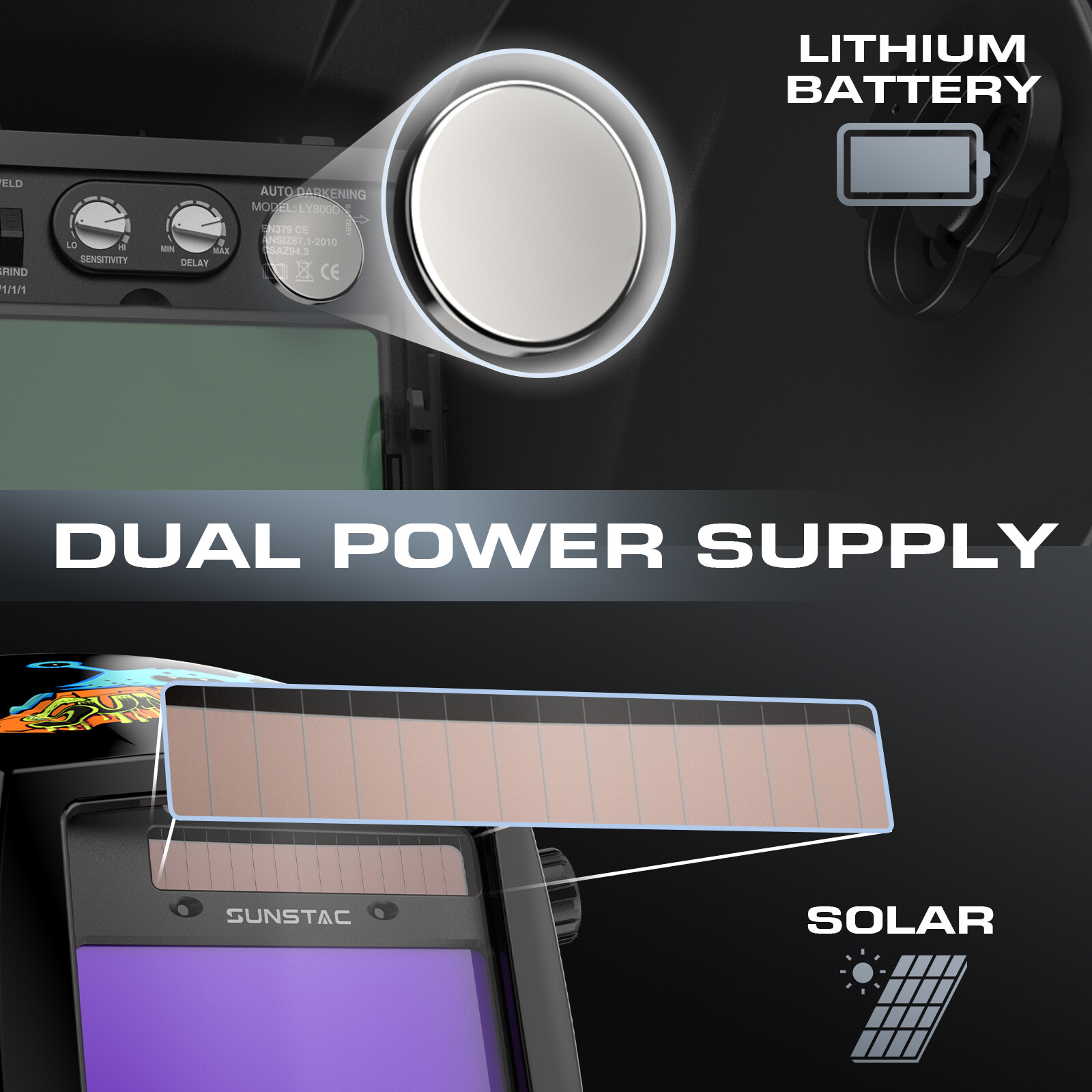 Large View True Color Solar Power Auto Darken Welding Helmet/Hood 4 Arc Sensors