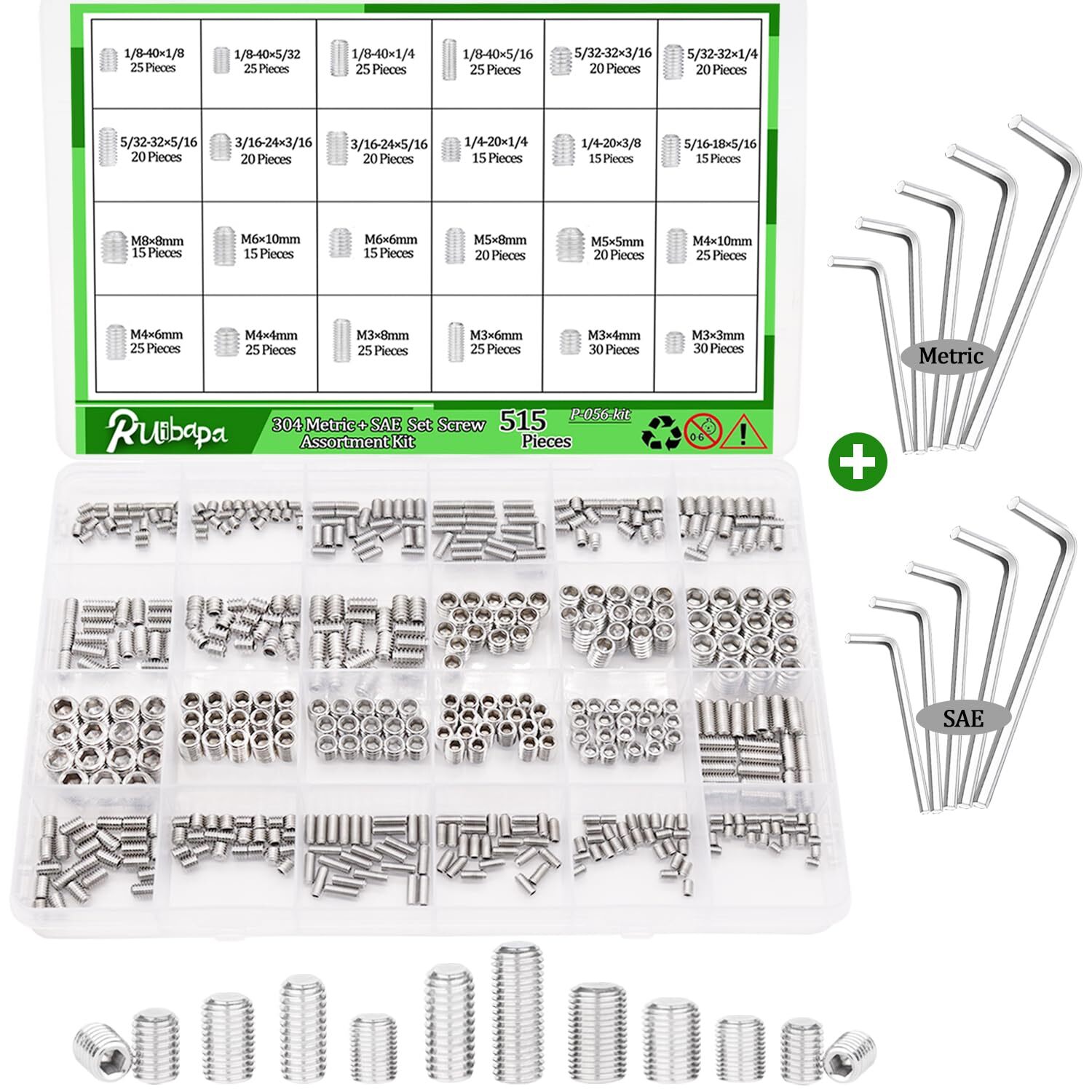 525PCS Metric + SAE Set Screw Assortment Kit 24 Size 304 Stainless Steel Grub…