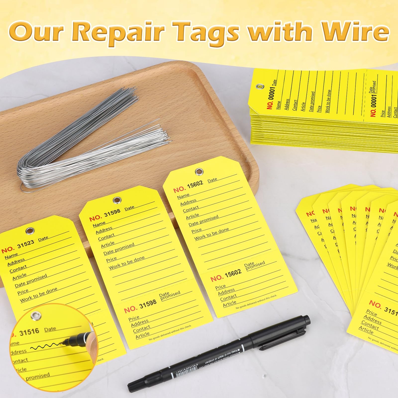 100 Pack Yellow Repair Tags with Wire Rope Service 2.6×5.25in,