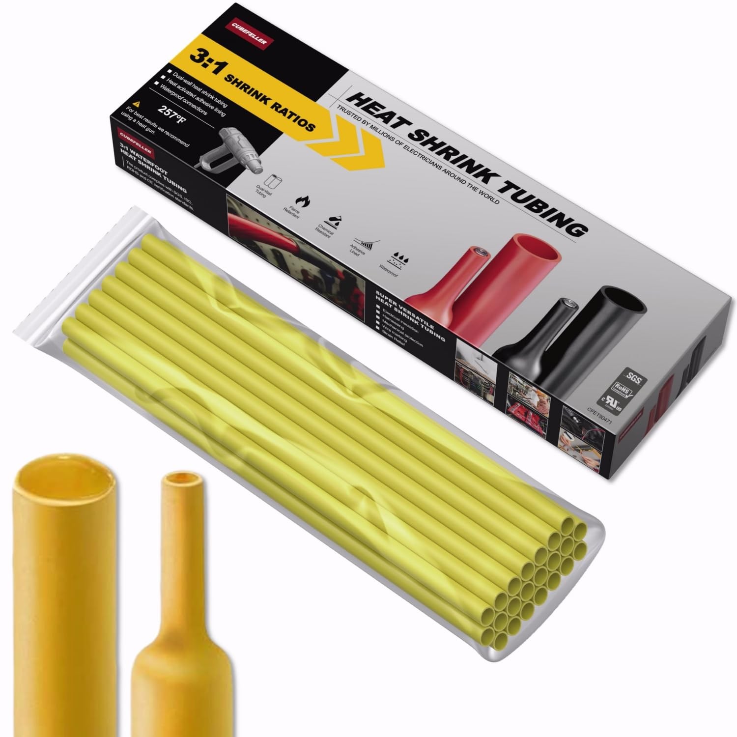 20ft 6.1M 1/4 Inch 6.4mm Yellow Heat Shrink Tubing 31 Marine Grade ET2064Y