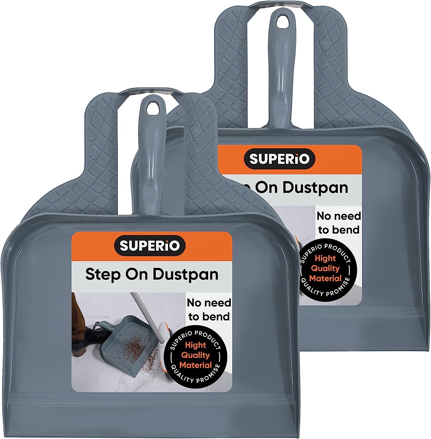 Superio Heavy-Duty Durable Plastic Step Dustpan for Indoor and Outdoor Use, Grey