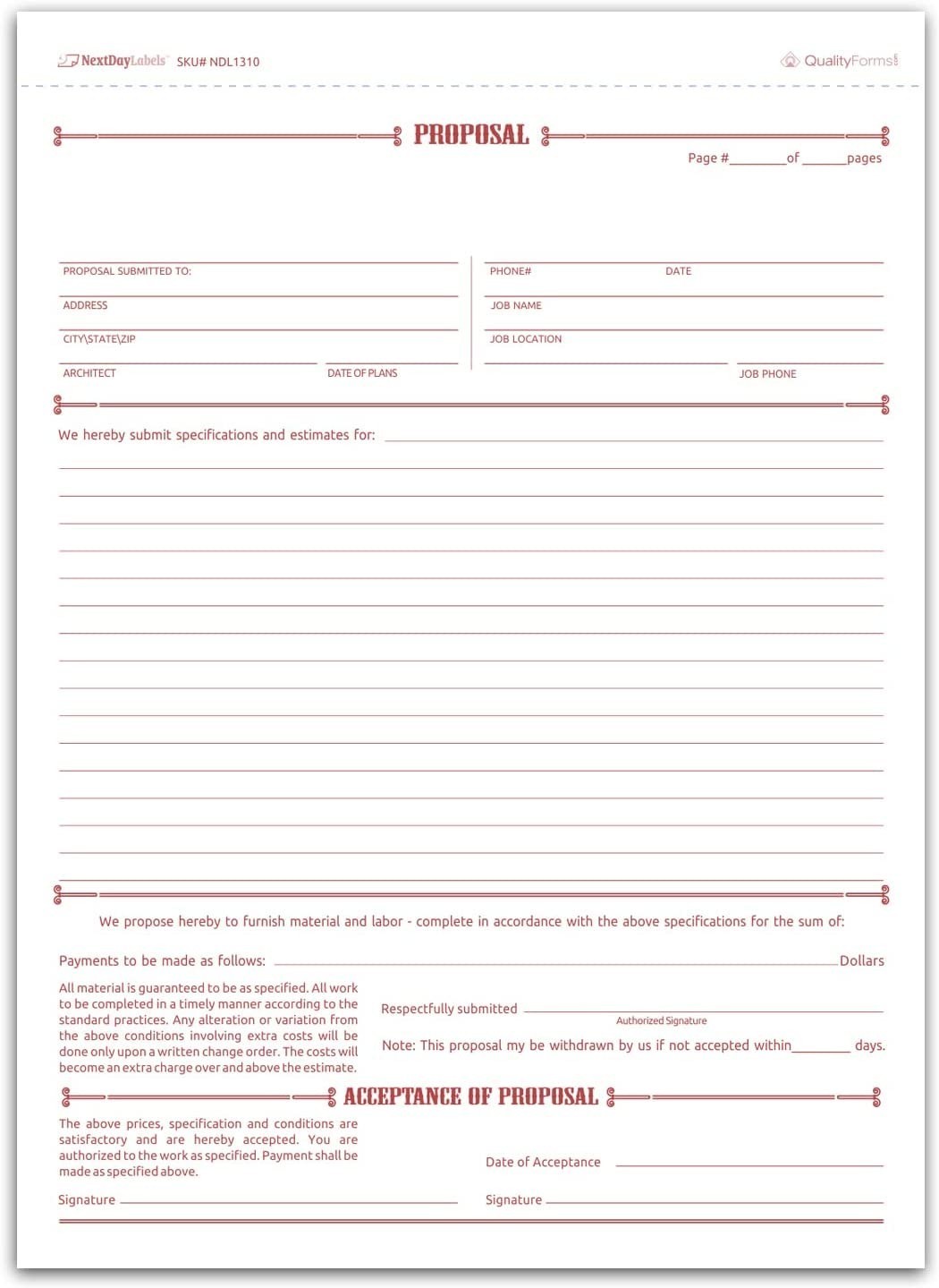 Letter Size General Proposal Forms, 3-Part NCR, White/Canary/Pink – 50 Sets