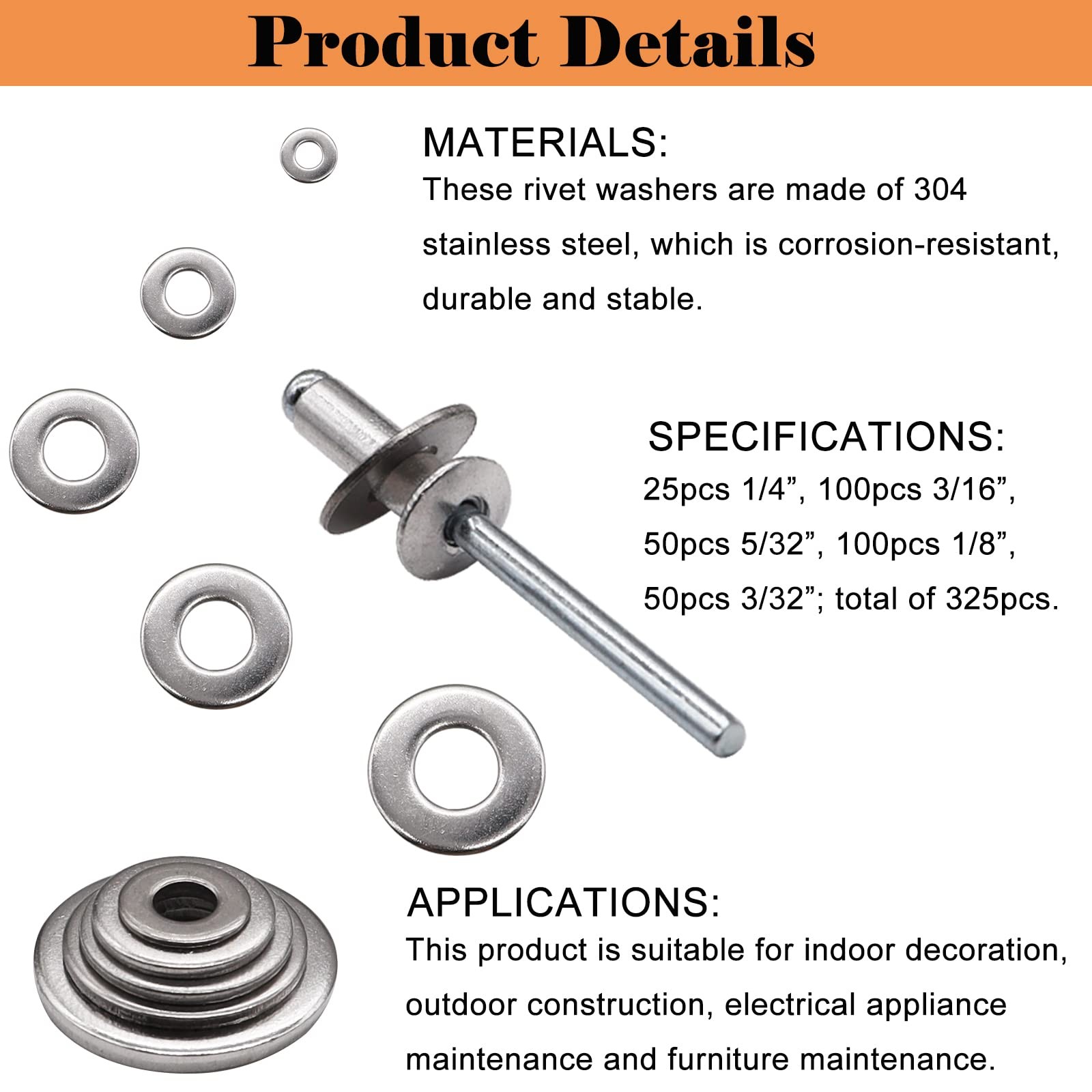 Sunxeke 325pcs Stainless Steel Washers for Blind Pop 0.25 inches, Silver