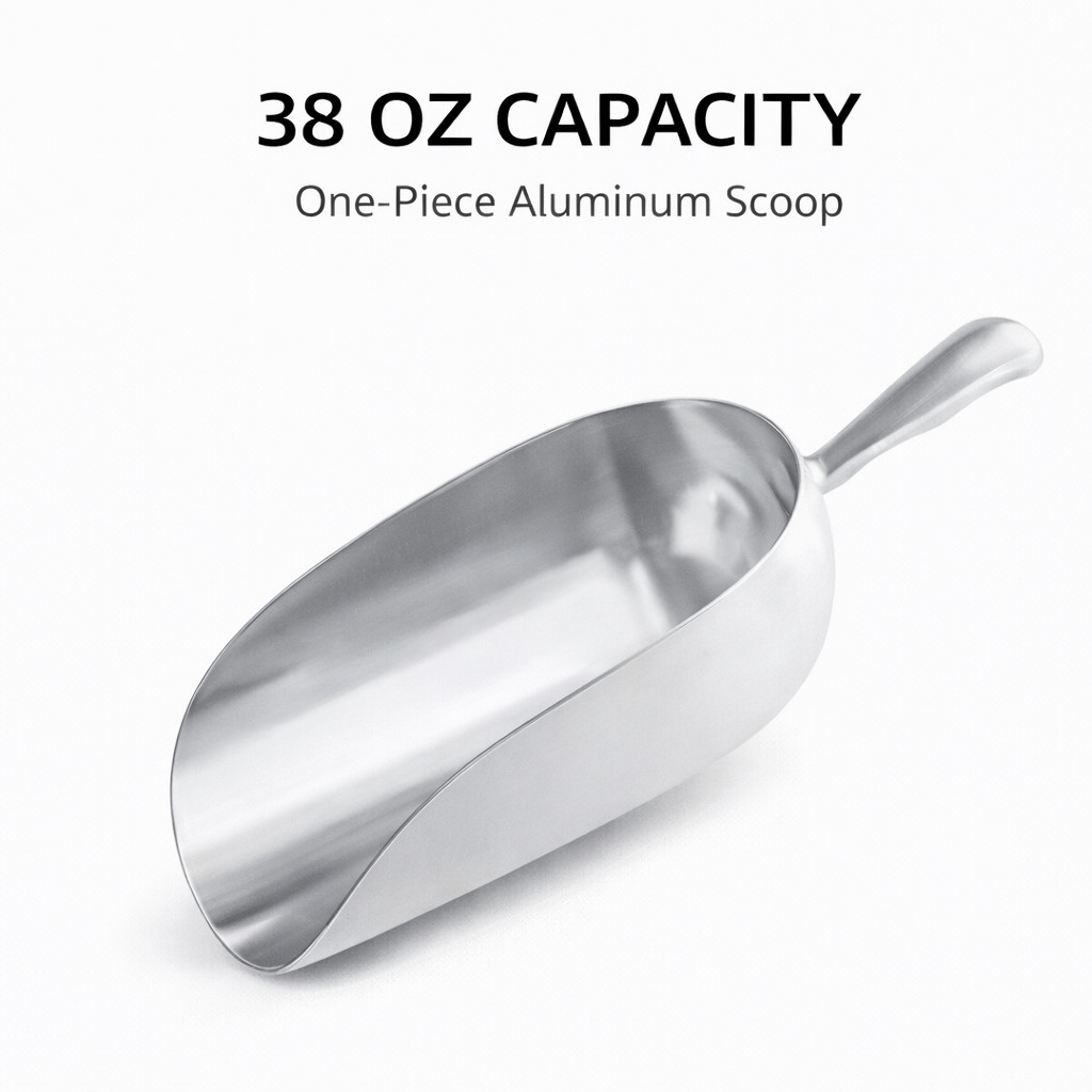 Choice 38 oz Aluminum Ice Scoop One-Piece Utility Scoop 12.75″ Handle Silver