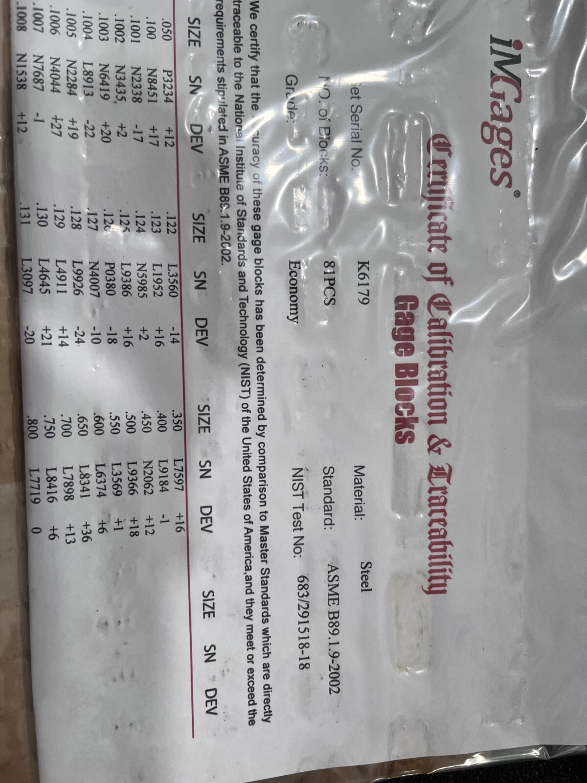 IMGAGES Gage Block Set: 0.05 to 4'' Range, 81 Pc, Economy Grade, Steel