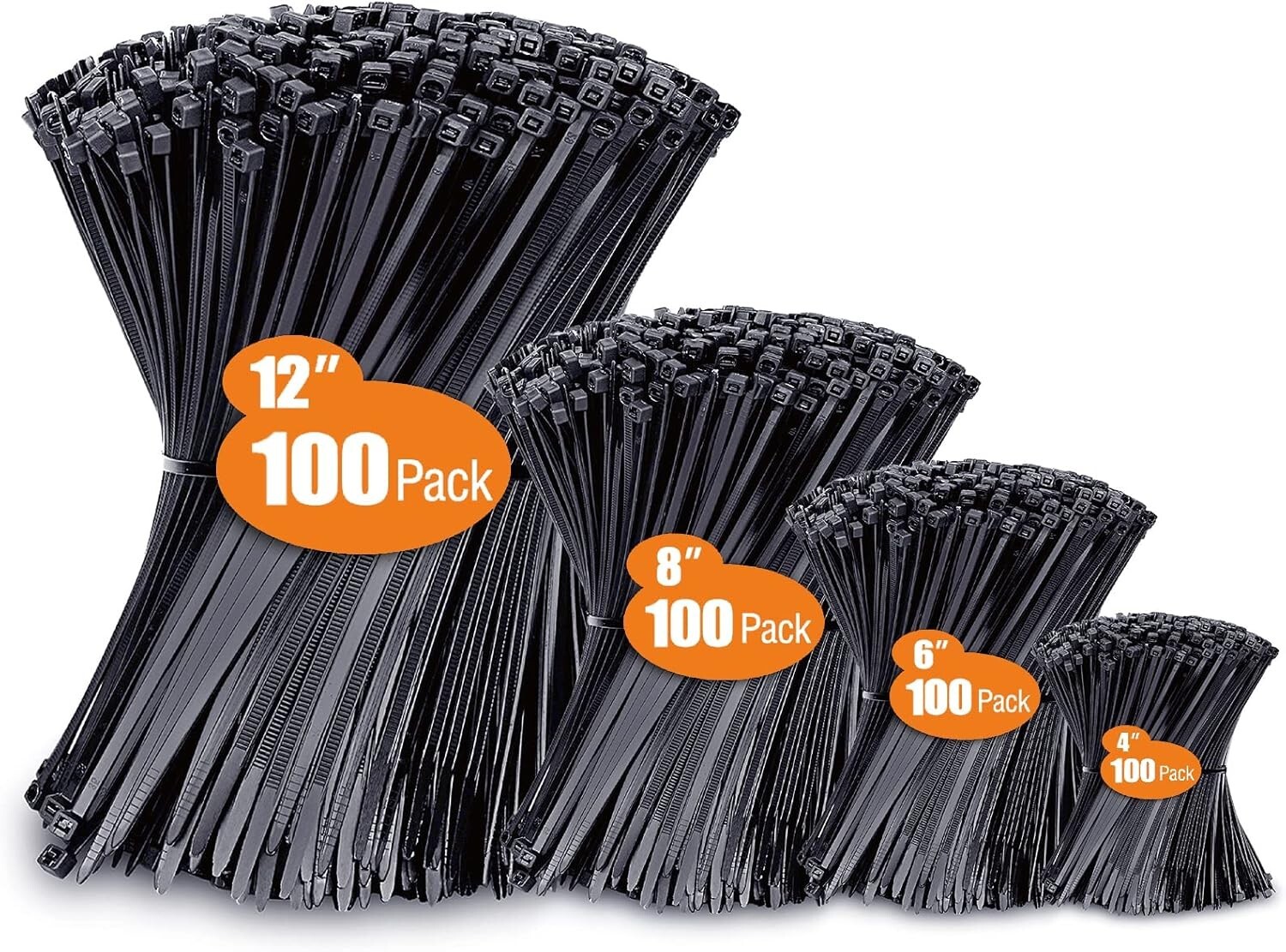 Zip Ties Assorted Sizes(4”+6”+8”+12”), 400 Pack, UV Resistant Black Wire Ties