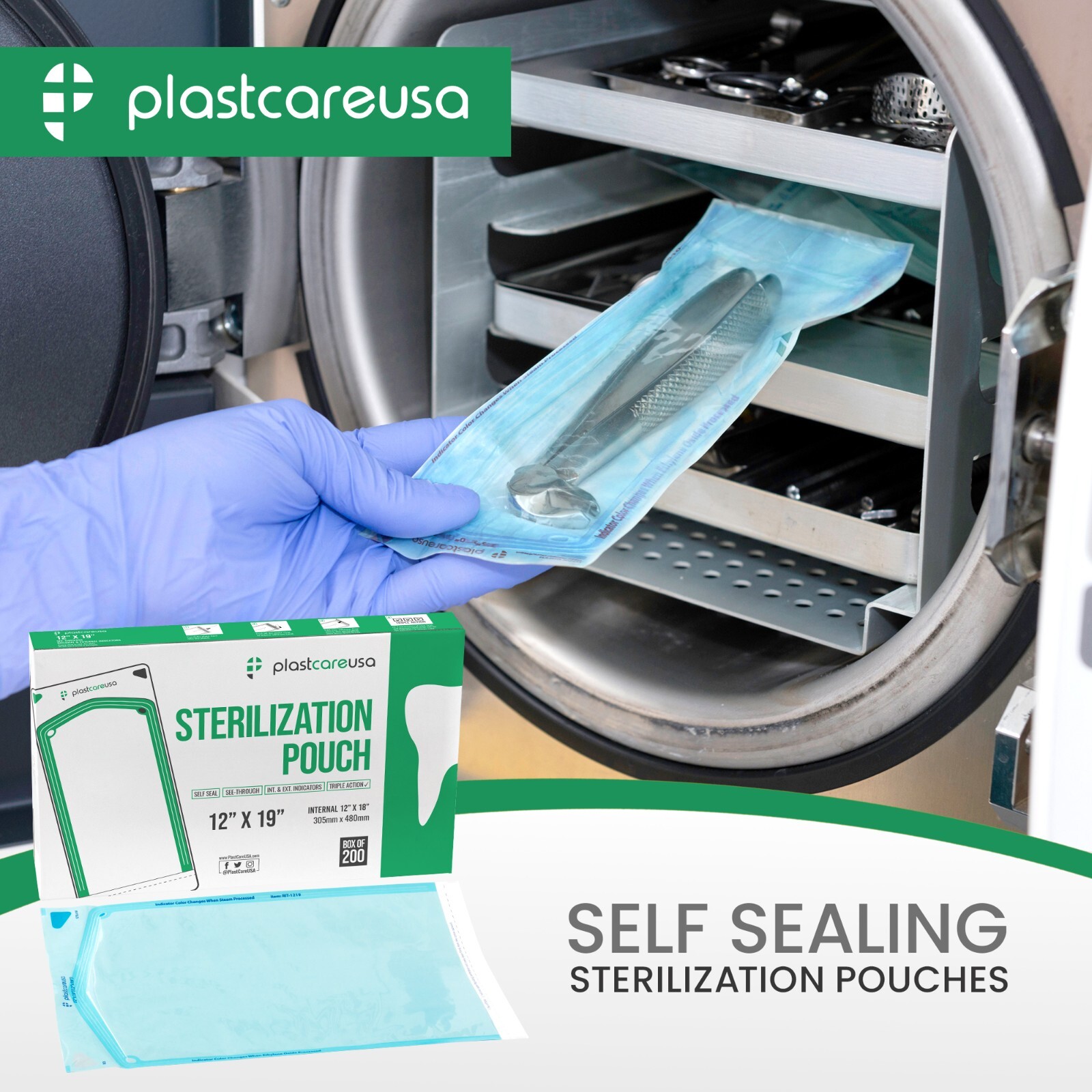 12″ x 19″ Self-Sealing Sterilization Pouches for Autoclave (1 Box of 200)