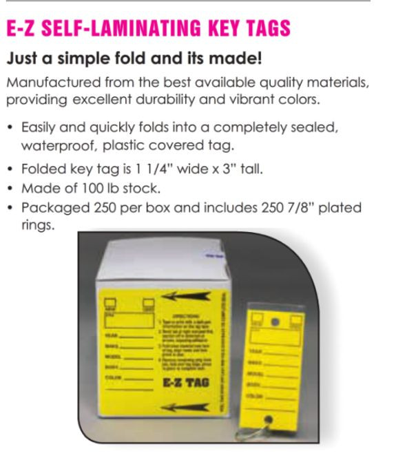 Car Dealer Key Tags, Yellow Self Laminating (versa tag style from E-Z Line)