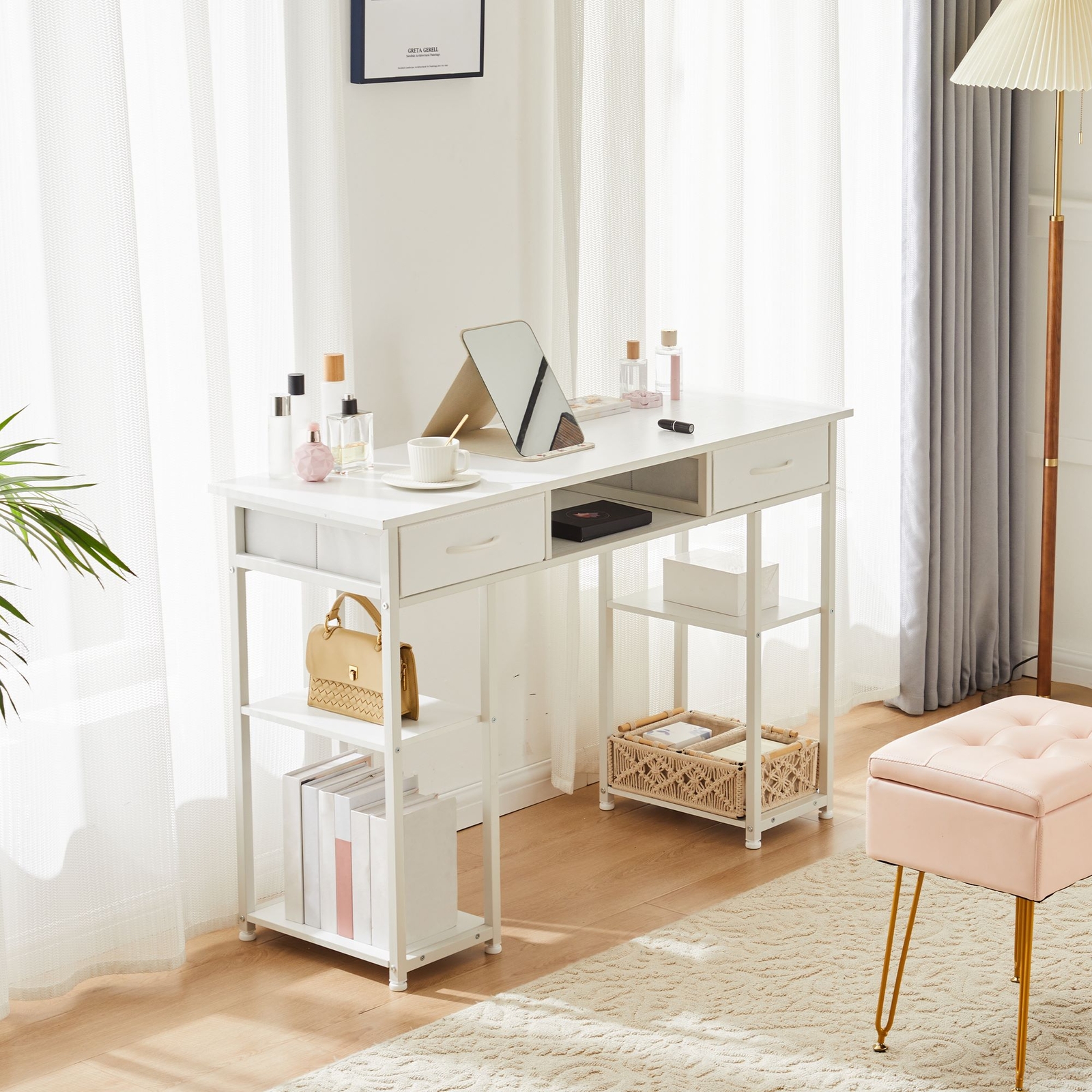 48″ Home Office Computer Desk,Study Table with Storage Shelf & 3 Fabric Drawers