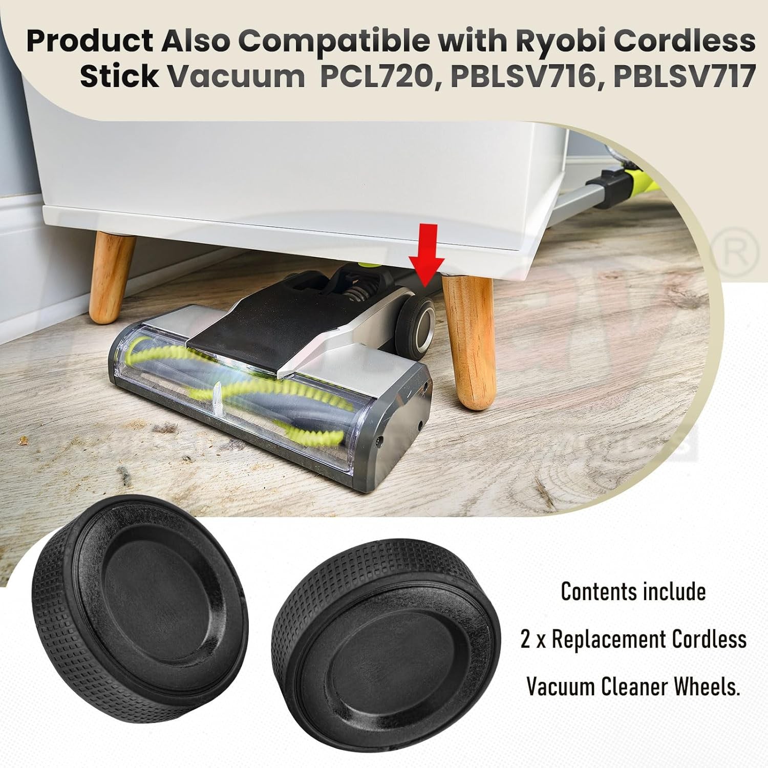 2 Pack Upgraded Replacement Wheel for Ryobi Cordless Stick Vacuum 18v BLACK