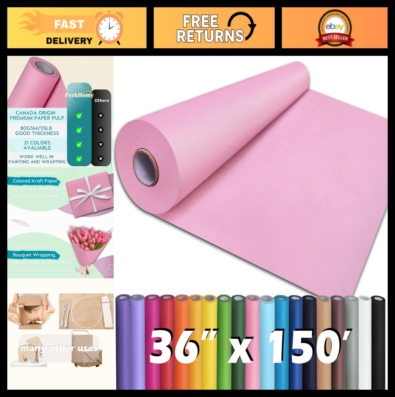 Light Pink Kraft Paper Roll 36″ x 150′ for Gift Wrapping, Crafts, Packaging, Art