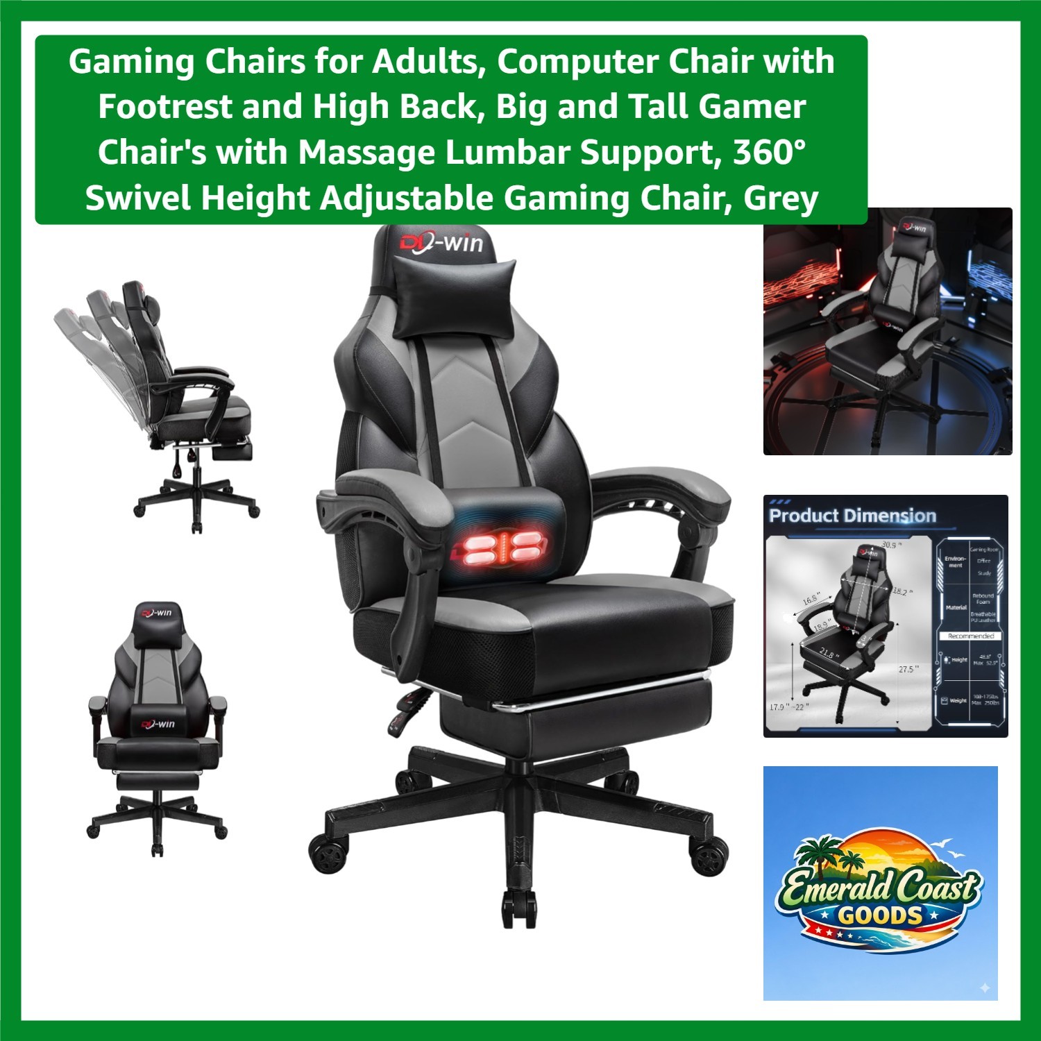 Comfortable Computer Chair with Footrest & Ergonomic Massage Lumbar Support