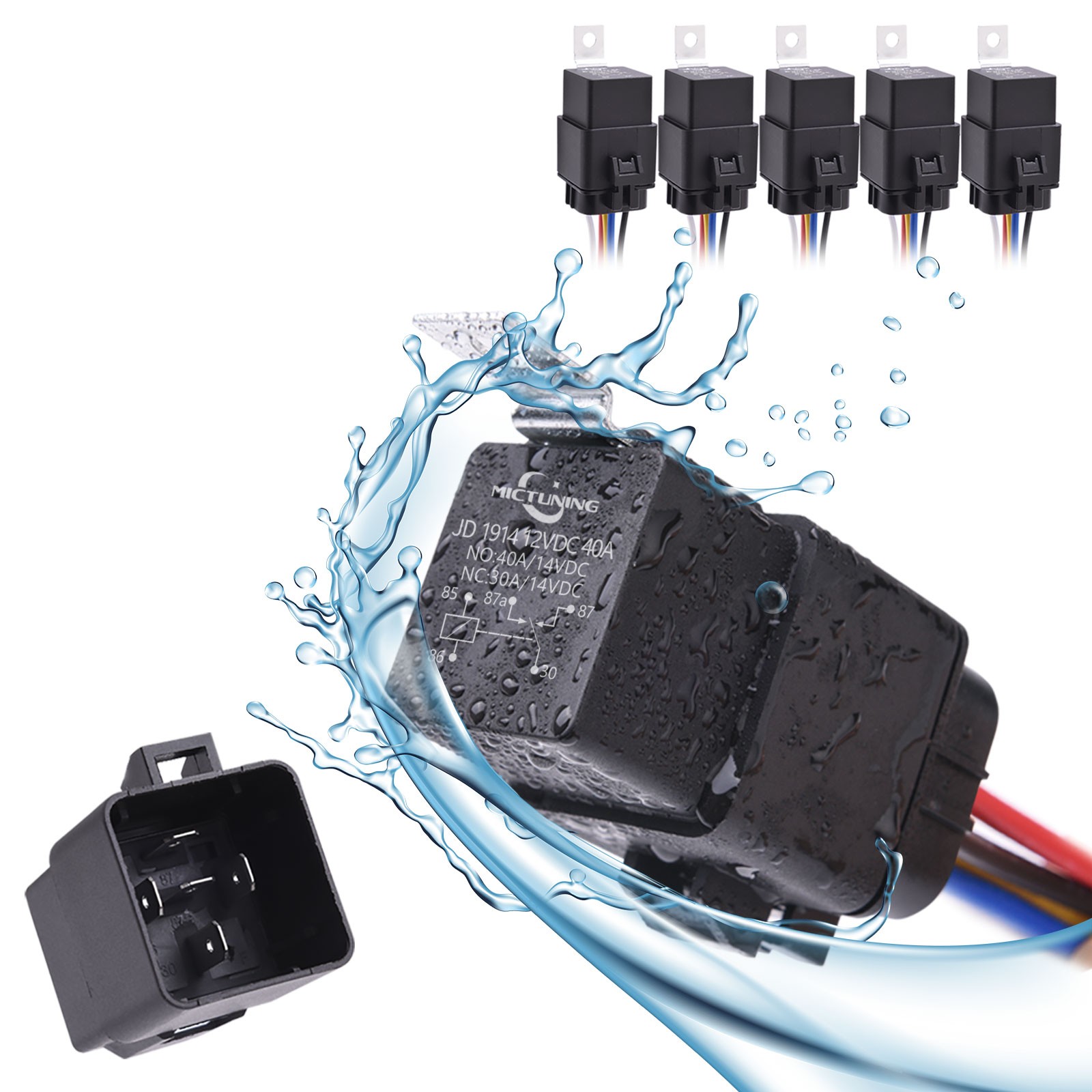 5 Pack Waterproof 12V 30/40A SPDT Relays, 14 AWG Harness & 5-Pin Hot Wire Set