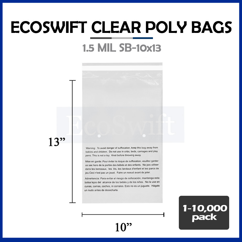 1-10000 10×13 EcoSwift Self Seal Suffocation Warning Clear Poly Bags Free Ship