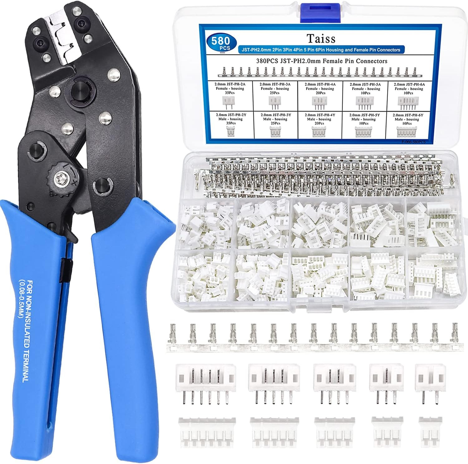Taiss JST Crimping Tool with 580PCS JST PH Connector Kit 2.0Mm 2/3/4/5/6Pin Hous