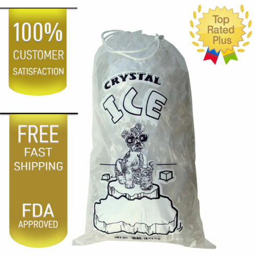 100 COMMERCIAL CRYSTAL 10 LB LBS 1.5 MIL Plastic Ice Bag Bags With Drawstring