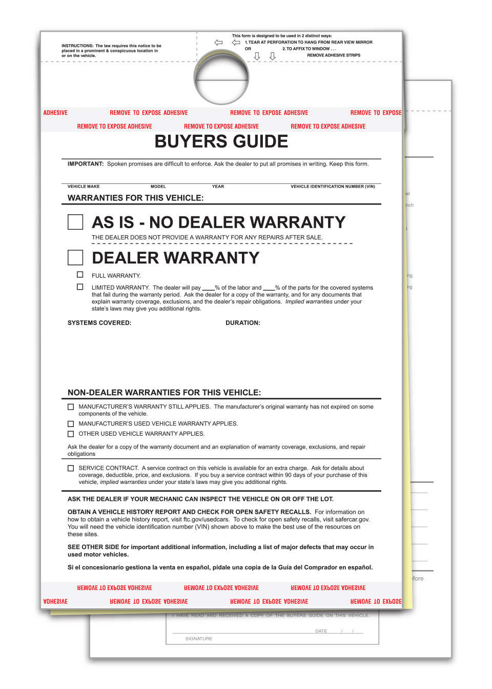 2 PART HANGING BUYERS GUIDE ADHESIVE AS IS WARRANTY FORM 100 PER PACK CAR DEALER