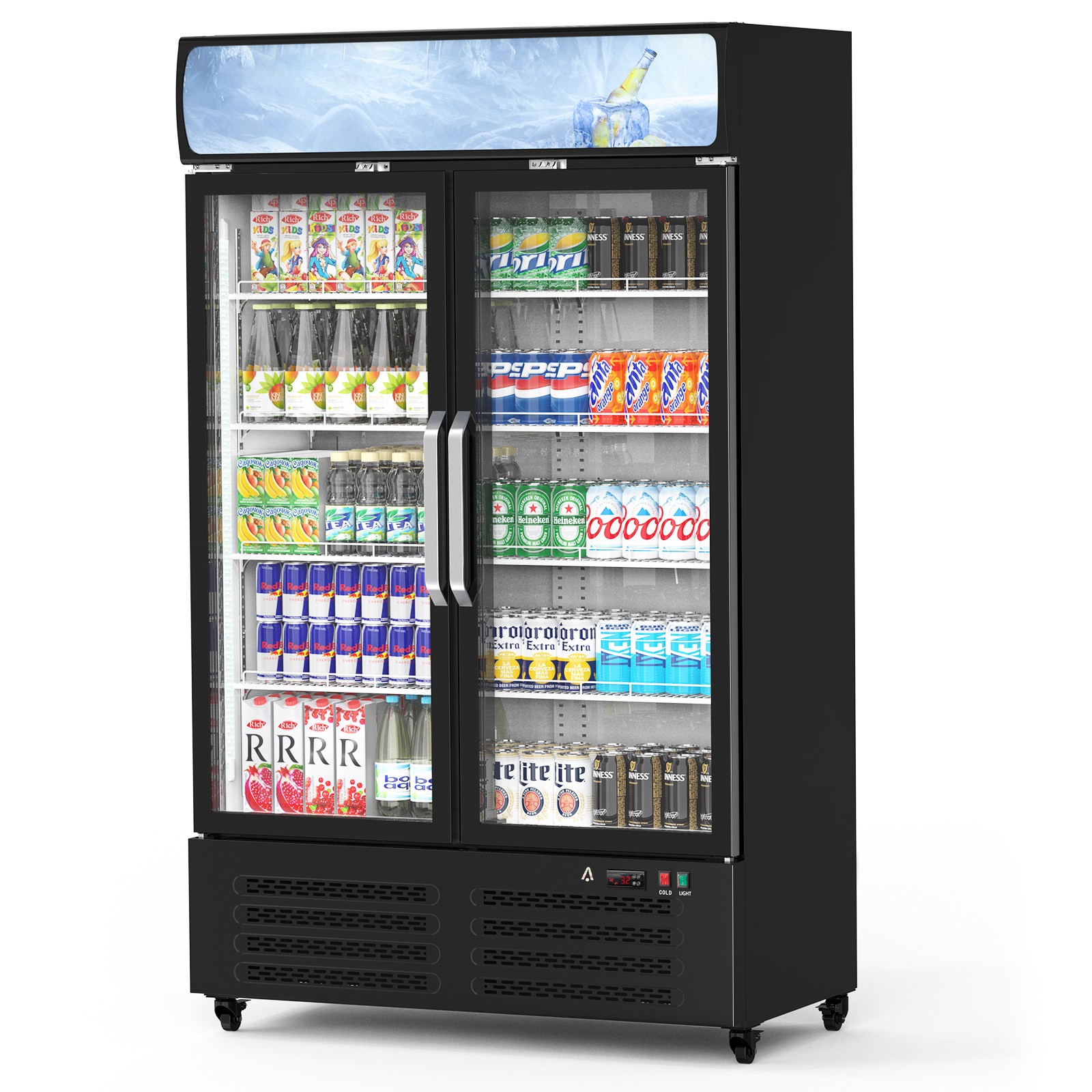 25 Cu.Ft Commercial Display Refrigerator Double Glass Doors 8 Shelves LED 115V