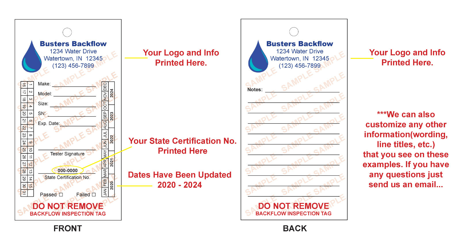 Backflow Inspection Tags – Custom Print – Waterproof – UV Resistant (Pkg of 100)